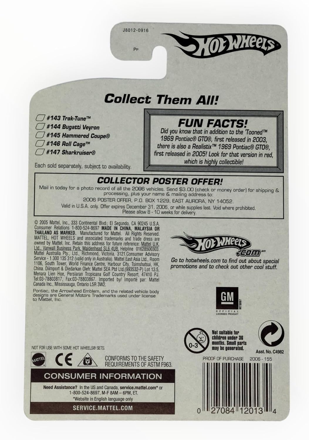 Hot Wheels 2006 Tooned 69 Pontiac GTO Card #155 1:64 Scale