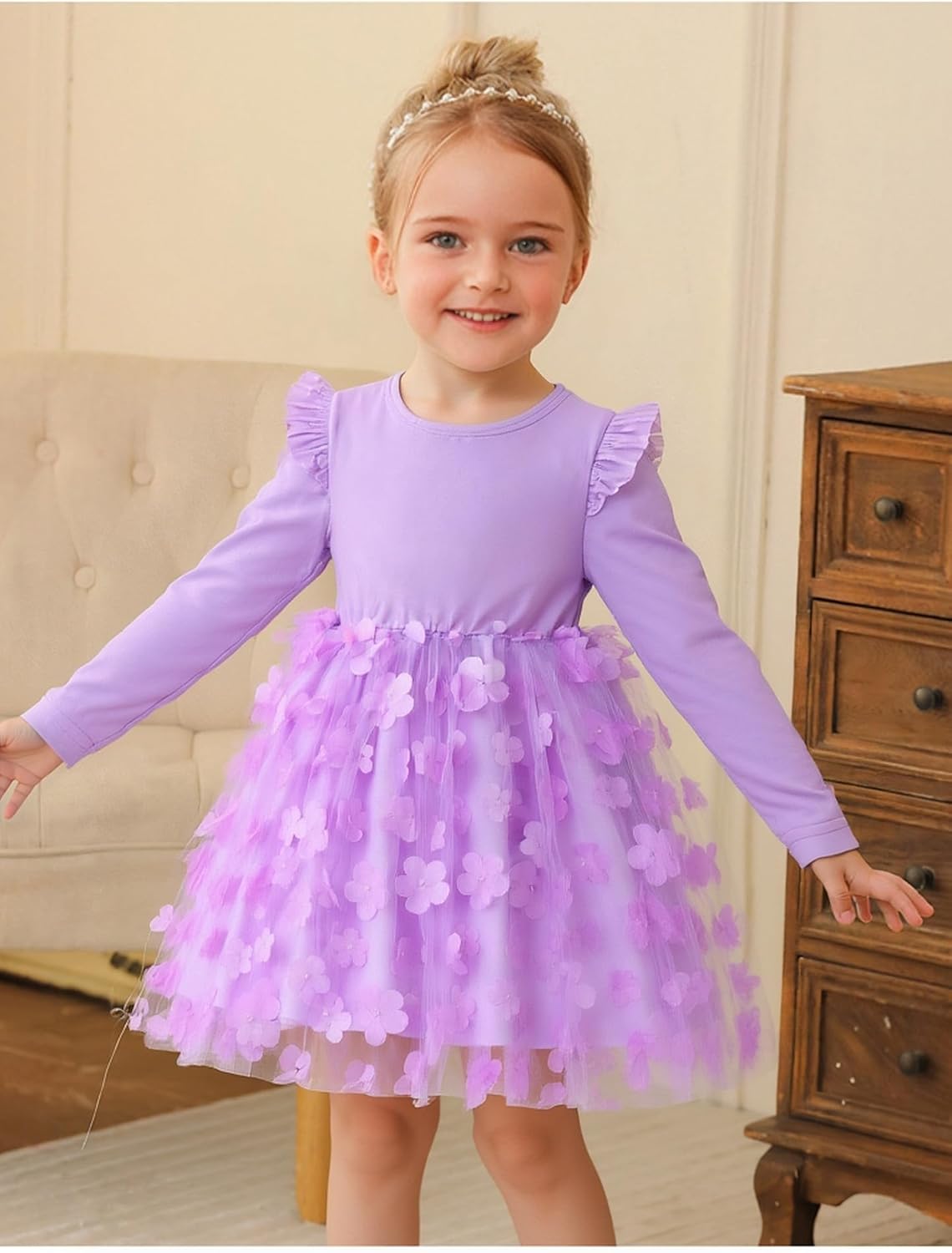 Cute Toddler Girl Princess Tulle Dress Long Sleeve Cotton Sundress Little Girls' Party Dresses,Size 2-9 Y - Image 4