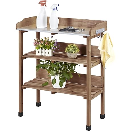 Yaheetech 4-Tier Wooden Plant Potting Table with Storage Shelf, Backyard Garden Work Station