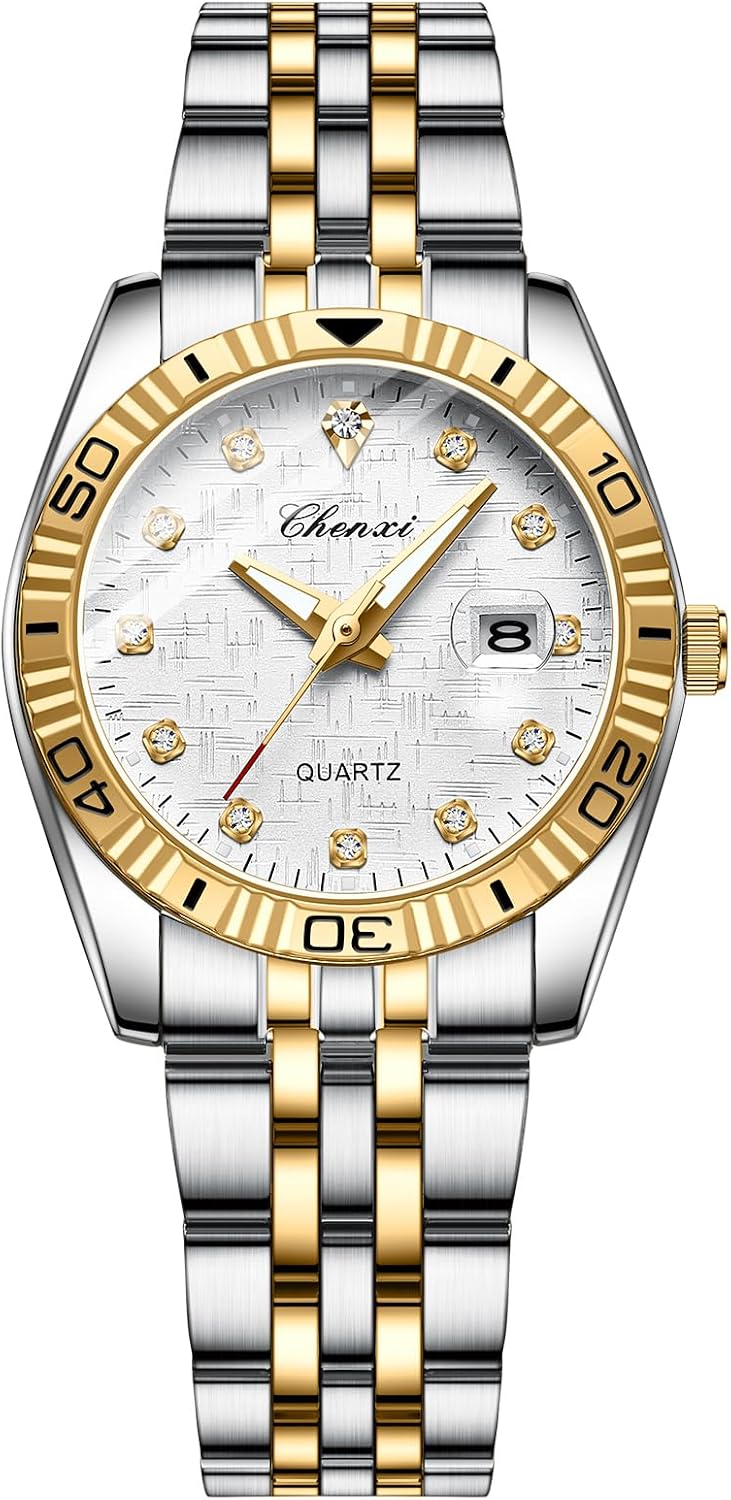 Elegant Women’s Gold & Silver Stainless Steel Watch - Textured Dial, 12 Diamond Markers, Luminous Hands, Date Window, 30M Water Resistant