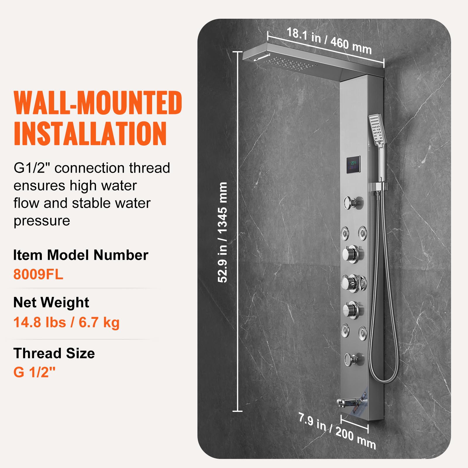 VEVOR Système de Panneau de Douche avec 6 Modes, Tour de Panneau de Douche Hydroélectrique LED Écran, Pluie, Cascade, 8 Jets de Massage, Bec de Baignoire et Pomme de Douche avec Tuyau, Salle de Bain