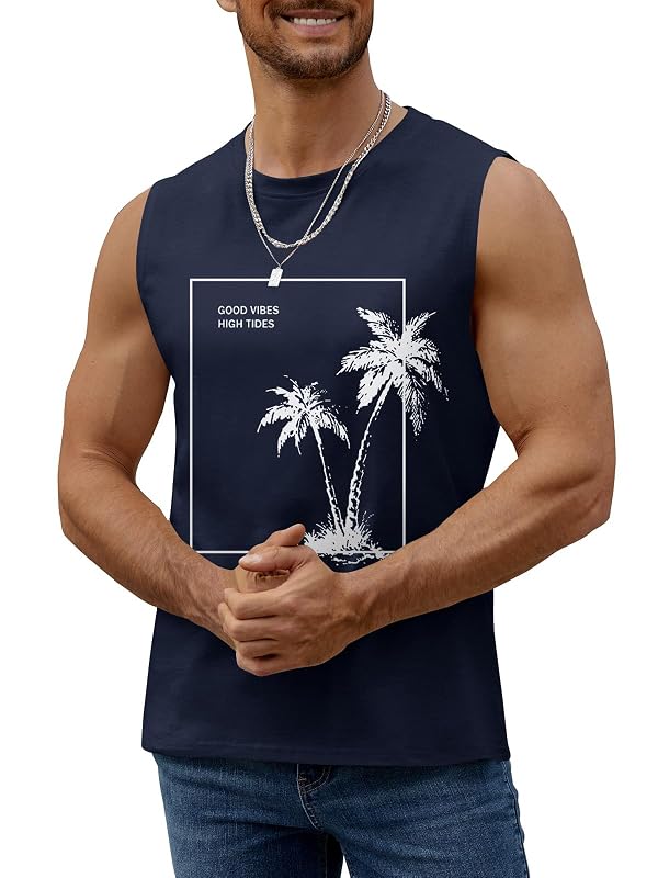 iudam Mens Summer Graphic Sleeveless Shirts Palm Tree Vacation T Shirts Muscle Gym Tank Top (Navy Blue,L) by iudam - Used condition - Image 3