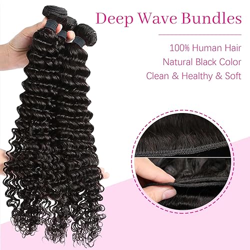 Miniatura 4 de Extensiones de cabello humano ondulado profundo, 3 paquetes de cabello humano virgen 10A 100% sin procesar, extensiones de trama, color natural, 22,