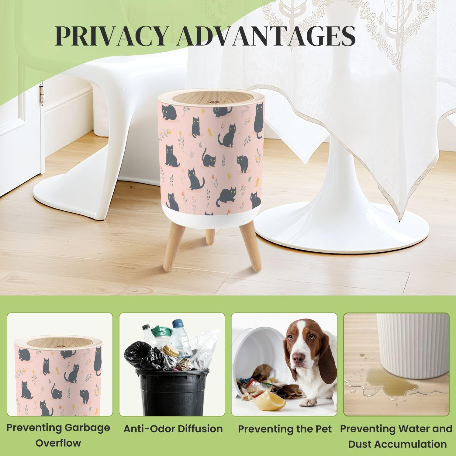 Small Trash Can with Lid Pink Floral Cute Cat Funny Animal Nursery Girl s Room Playroom Kitten Round Press Top Garbage Can with Legs Trash Bin Waste Basket for Kitchen Bedroom Bathroom 7L/1.8 Gallon