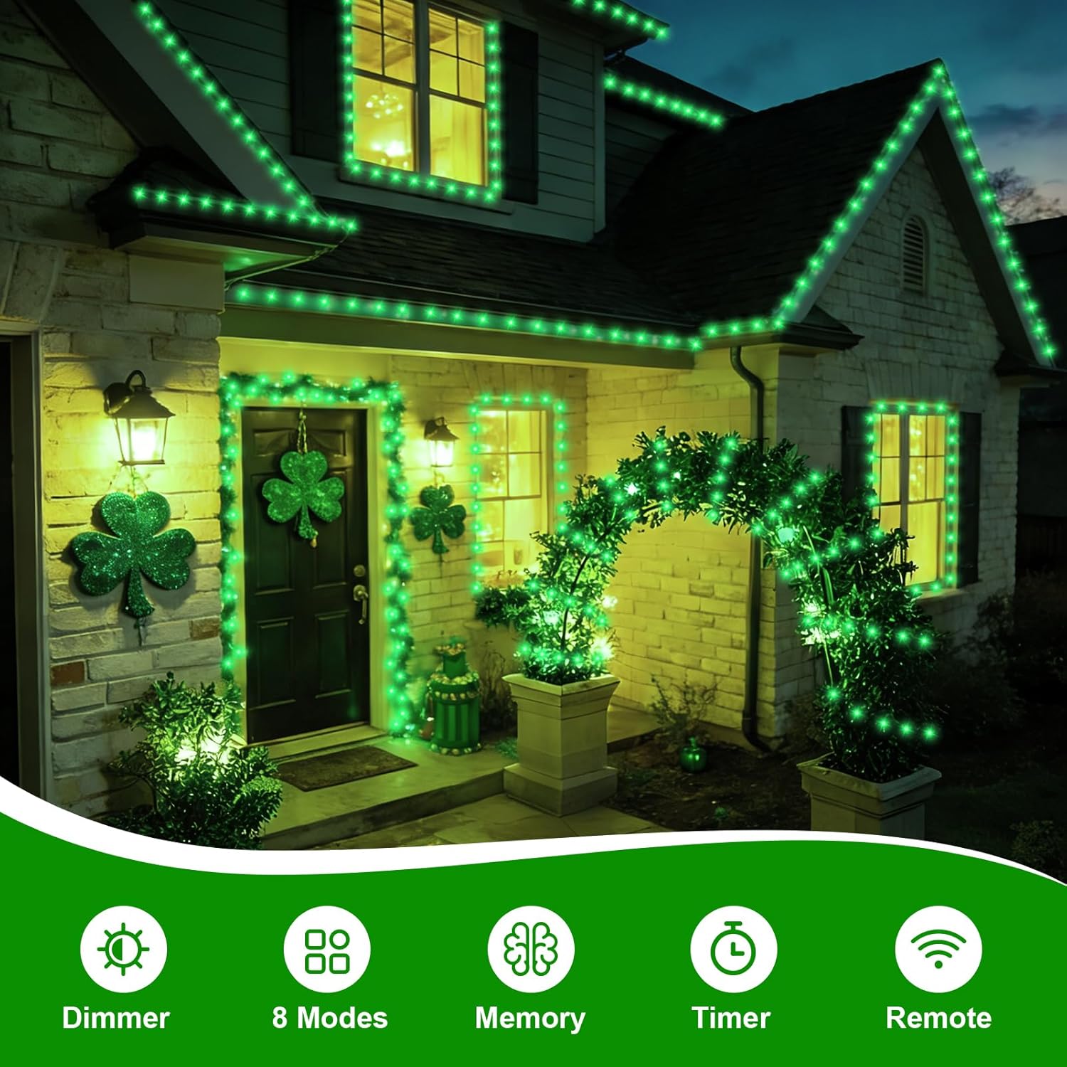QITONG 2 Pack St. Patricks String Lights Battery Operated, Each 33ft 100 LED Green Christmas Lights Outdoor Waterproof, 8 Modes Clear Wire Twinkle Fairy Lights Indoor with Remote - Image 3