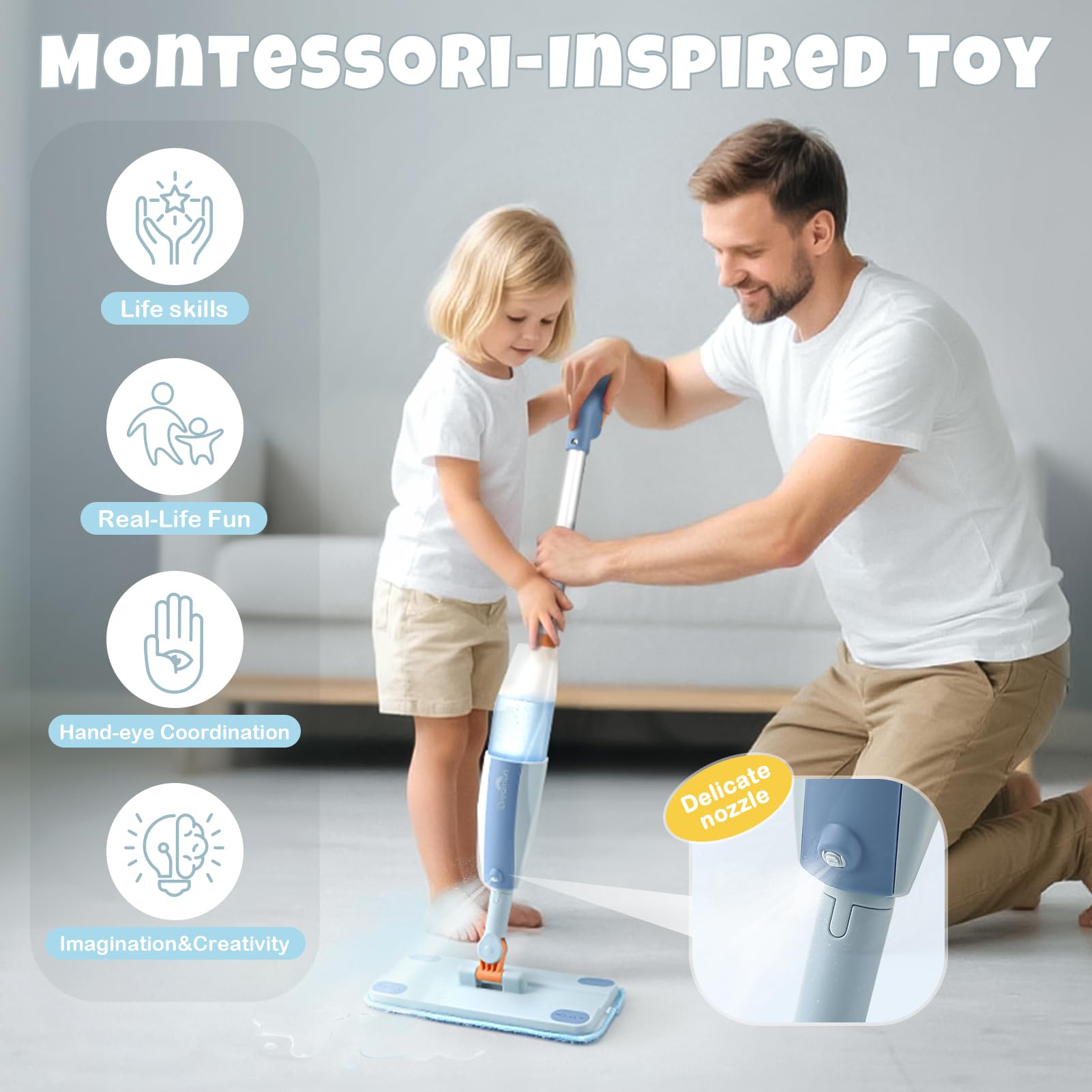 Trapeador con atomizador para niños, juego de limpieza para niños pequeños con rociador de agua y 3 almohadillas lavables para trapeador y raspador, juguetes Montessori de limpieza para juegos 5