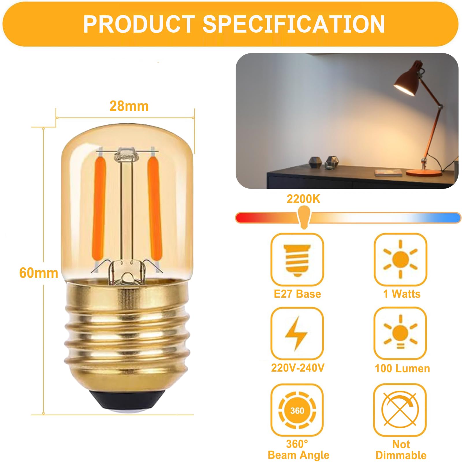 EASYIVY 1W E27 LED Night Light Bulbs, T28 Tubular LED Vintage Filament Bulb 10W-15W Pygmy Bulb Replacement - Image 3