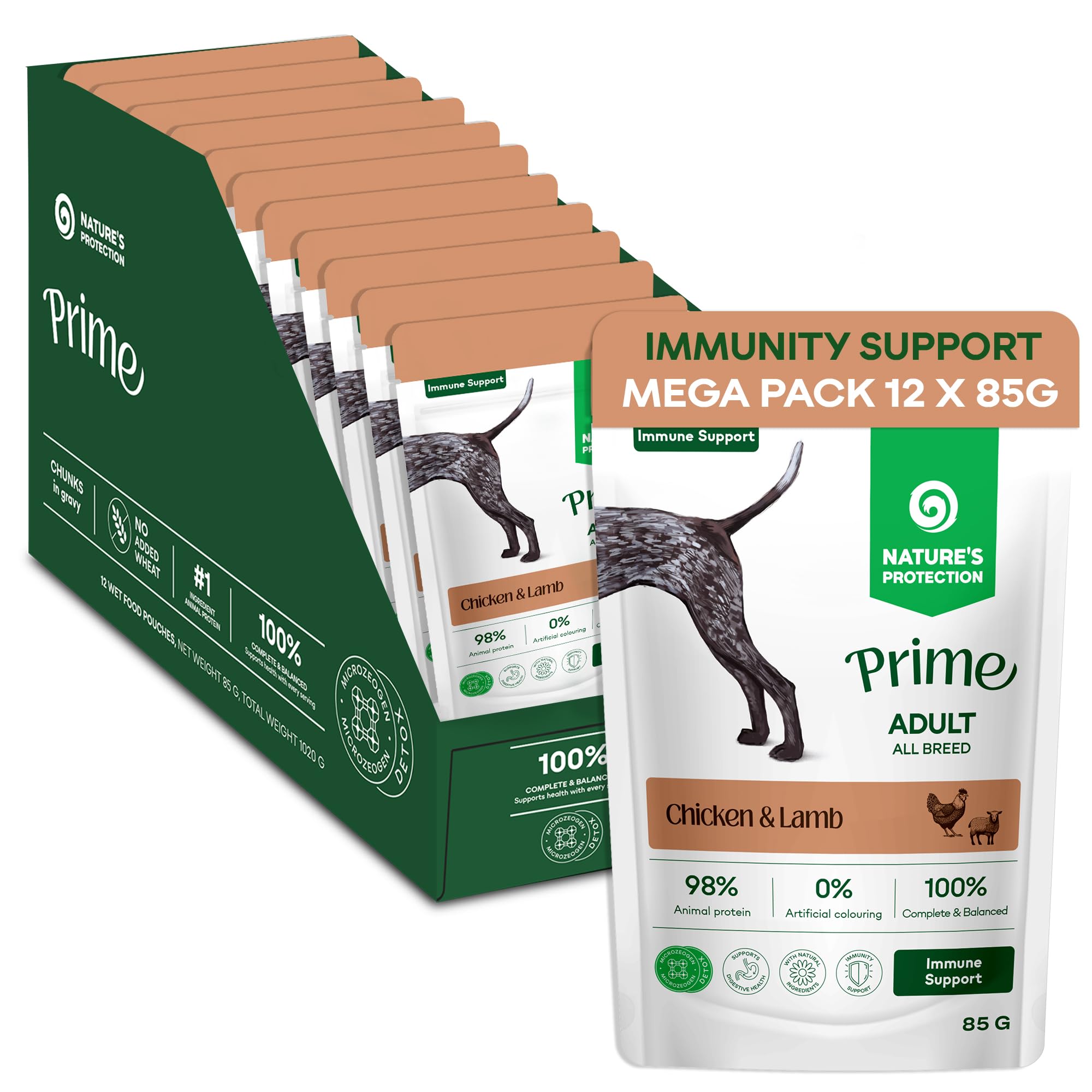Nature’s Protection Prime Wet Dog Food Pouches for Adult Dogs, Hypoallergenic Dog Food in Gravy with Chicken and Lamb, Immune System and Wellbeing Support, 12 x 85g