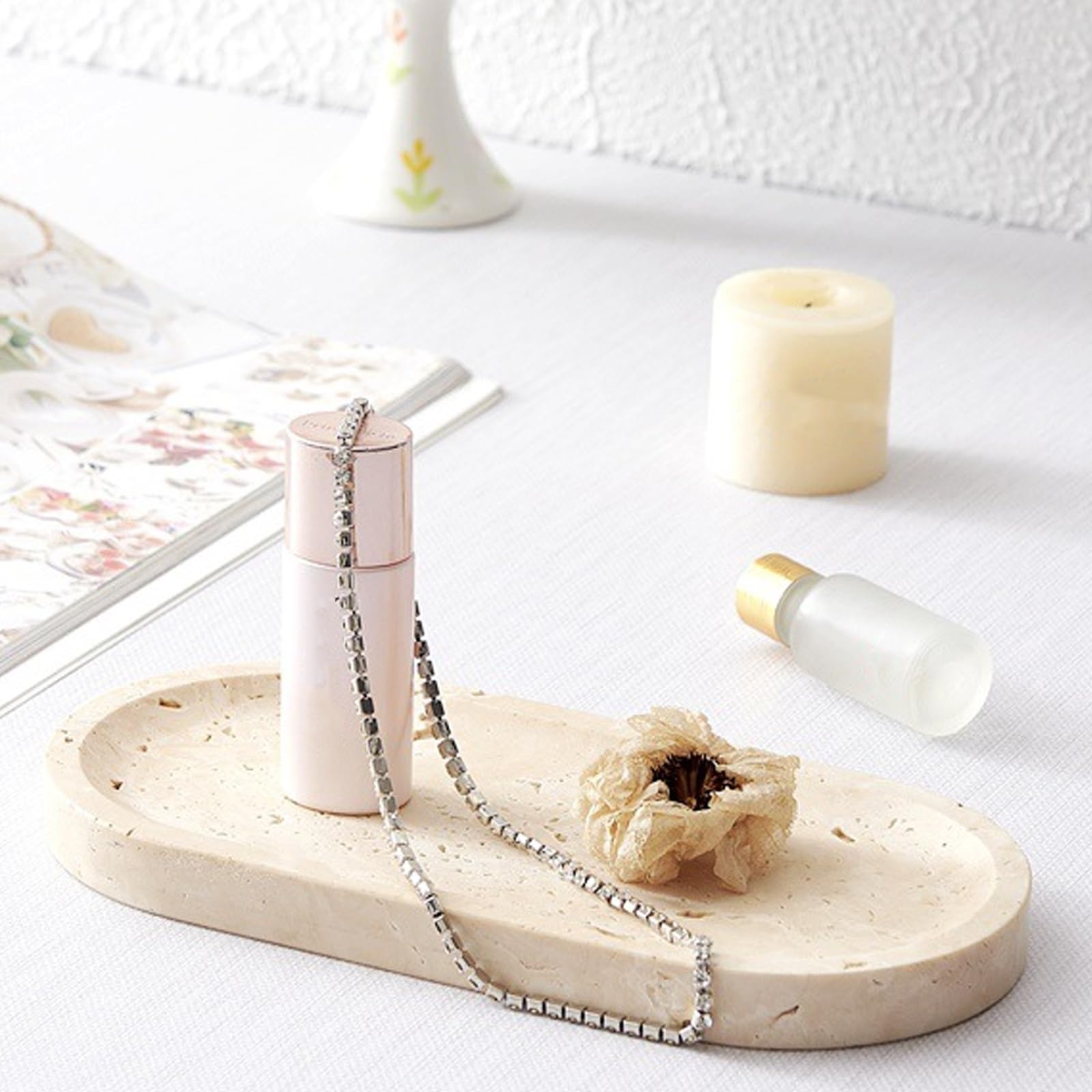 Plateau, Plateau Ovale de Salle de Bain en Travertin Naturel Plateaux Decoratif Beige à Bord Surélevé Plateaux à Bijoux 25 x 12 cm pour Cosmétiques Produits de Soin Bijoux Parfums et Bougies