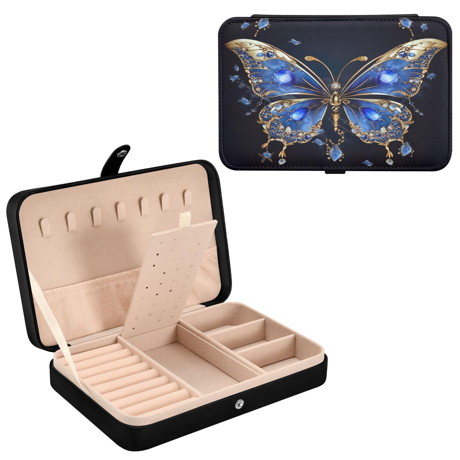 Haskirky Gold Butterfly Jewelry Box Portable PU Leather Travel Jewelry Organize for Women Jewelry Storage Display Holder for Ring, Necklace, Earring