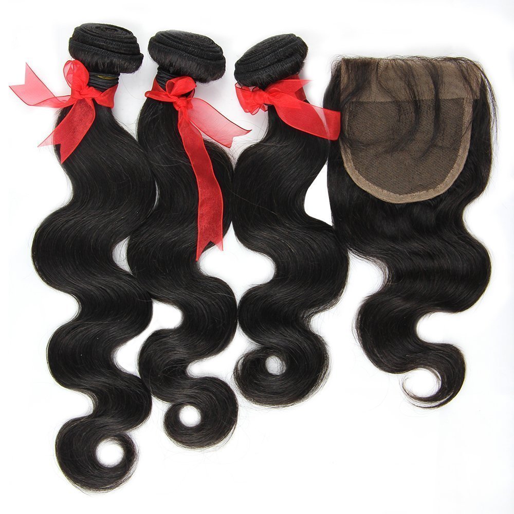 Eayon Hair Brazilian Virgin Hair 3 Bundles Body Wave With Free Part 4x4 Top Lace Closure 100% Human Hair Extensions Natural Color Size 18"20"22"Hair+12" Closure