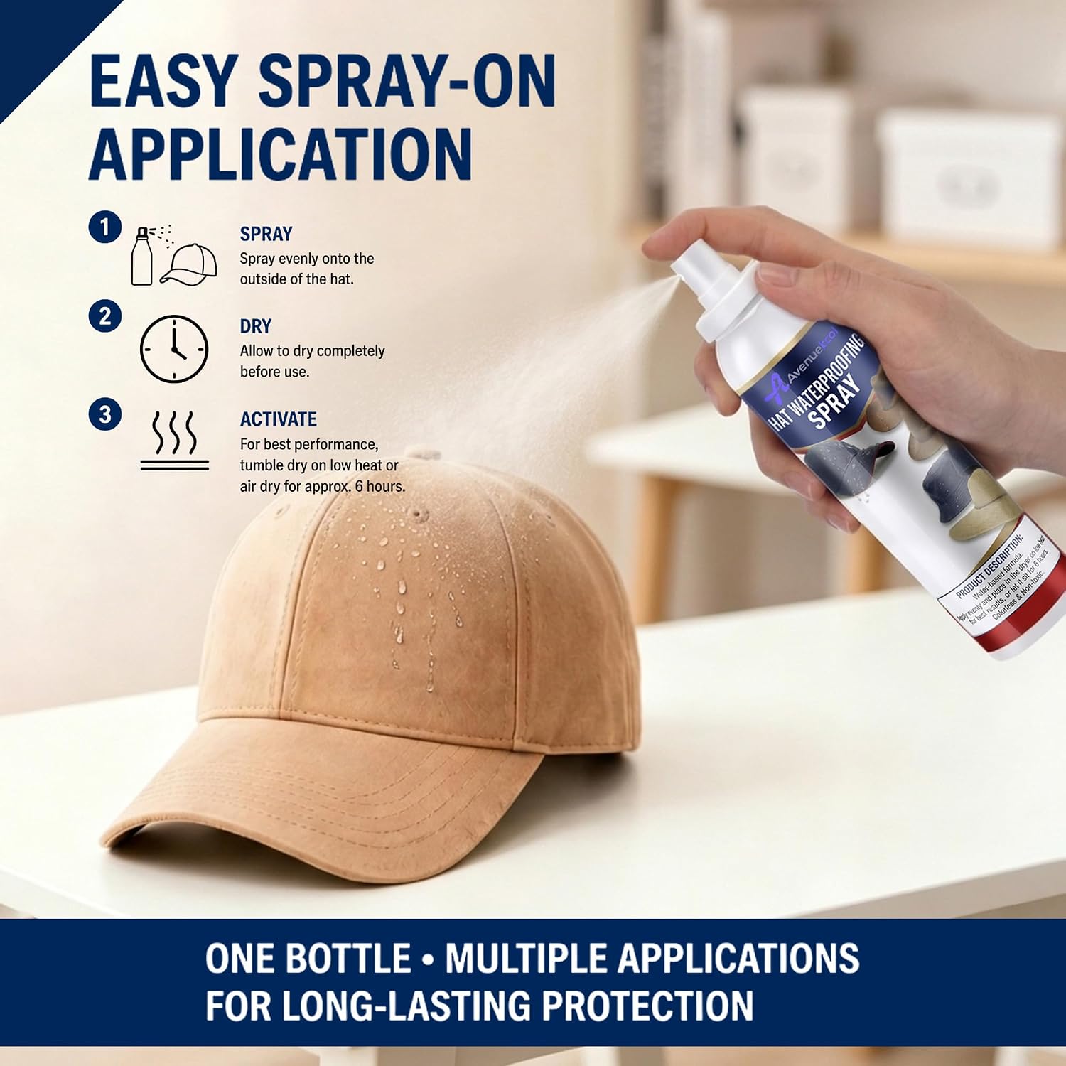 Hat Protector Spray, 6.76Oz Water Repellent for Hats, Water Based Hat Spray with Rain & Stain Protection, Low Odor Waterproof Formula for Wool, Cotton, Polyester, Canvas, Suede & Leather