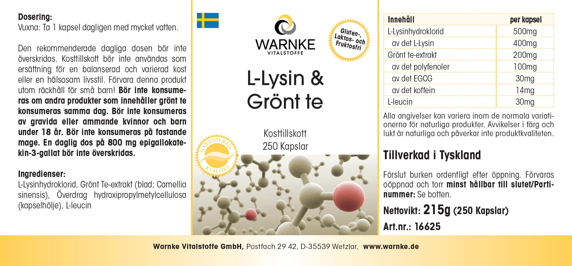 L-lisina e tè verde - 250 capsule - polifenoli - EGCG - caffeina - vegano e ad alto dosaggio - confezione grande | Warnke Vitalstoffe - Qualità farmaceutica tedesca