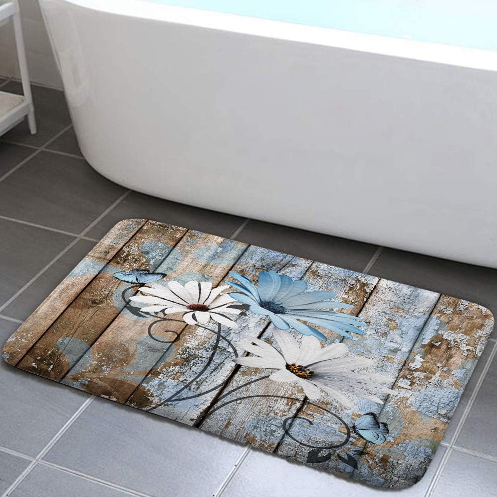 Farmhouse Floral Flower Bath Mat, Daisy Rustic Wooden Plank Country Barn Wood Blue Flower Non-Slip Flannel Soft Doormat Floor Entryways Outdoor Indoor