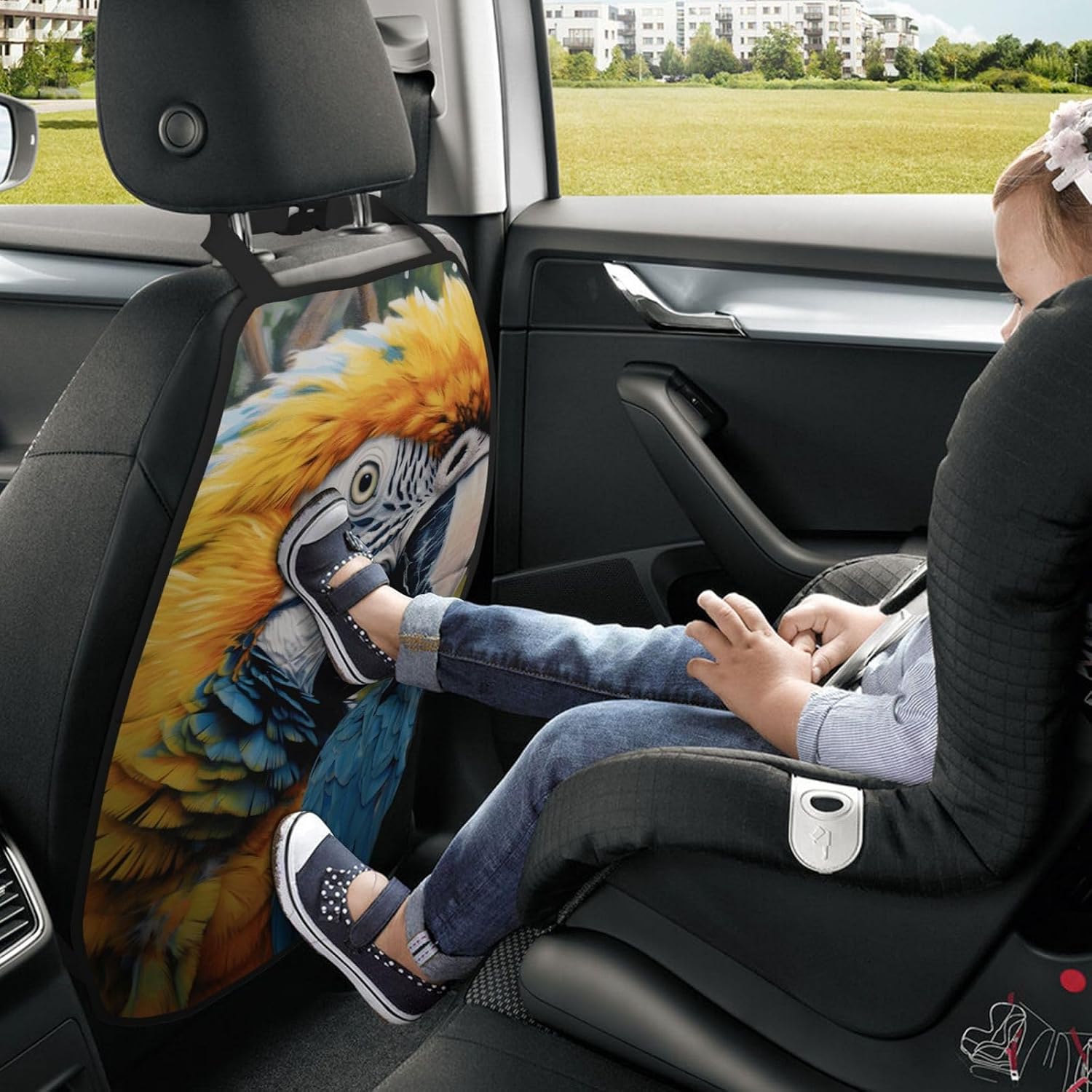 Car Seat Back Kick Protector 2 Pack 18.5x26.4 Inch, Realistic Macaw Anti-Kick Pad, Waterproof Oxford Fabric Large Rear Seat Cover for Kids Pets Fits SUV Jeep Truck Sedan