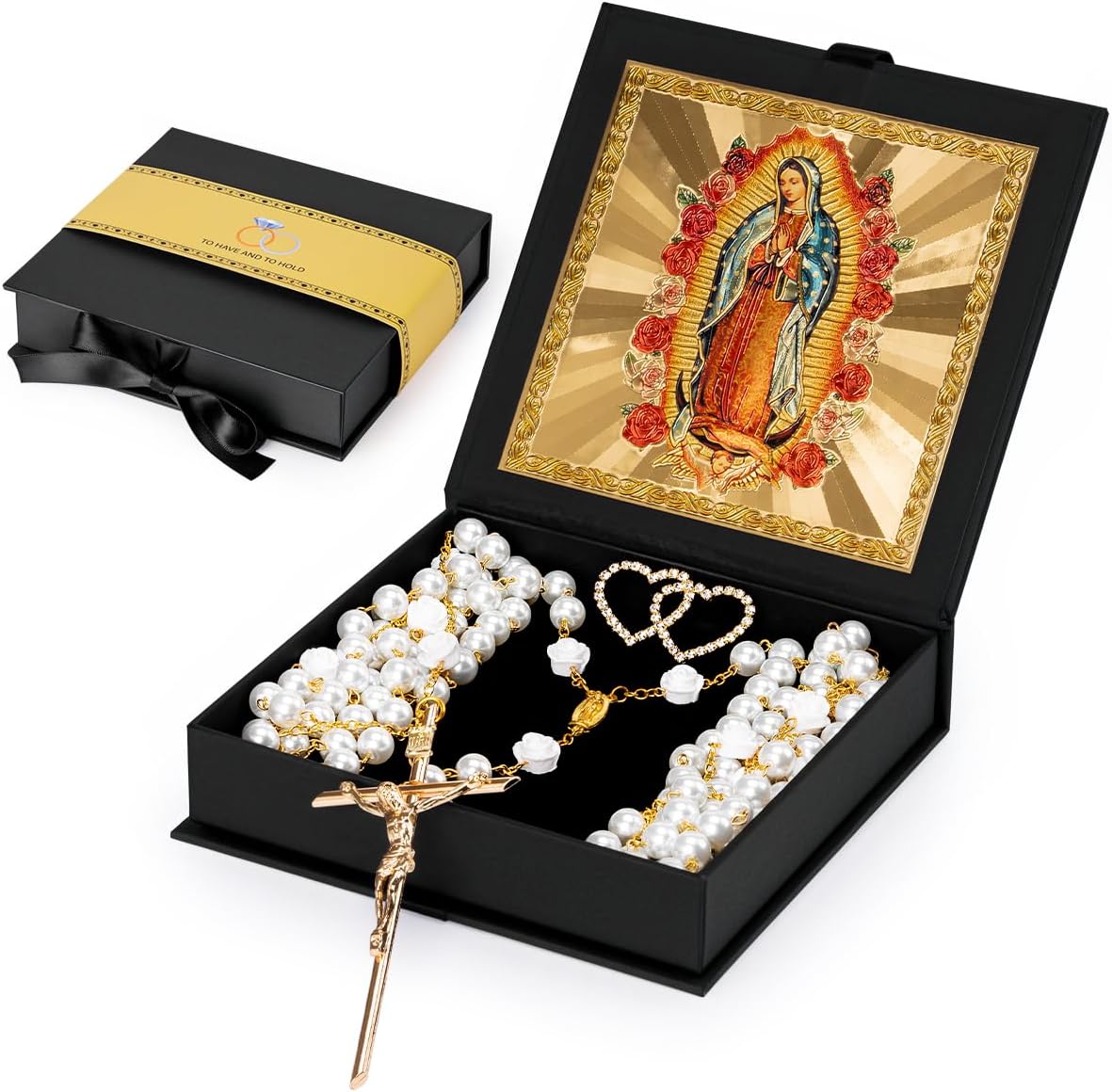 FUNPAR Lazo Para Boda, Pearl Wedding Lasso for Ceremony Catholic Gift, Rosario Lazos Para Boda Catolica, Lazo De Bodas Para Los Novios, Lasso for Wedding Ceremony, Wedding Pearl Rosary(Gold)