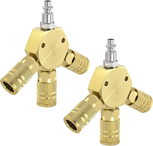 Miniatura 8 de GASHER Colector de aire azul de 3 vías de 14 de pulgada NPT de aluminio estilo hexagonal con 3 piezas de acoplador industrial de acero y enchufe,