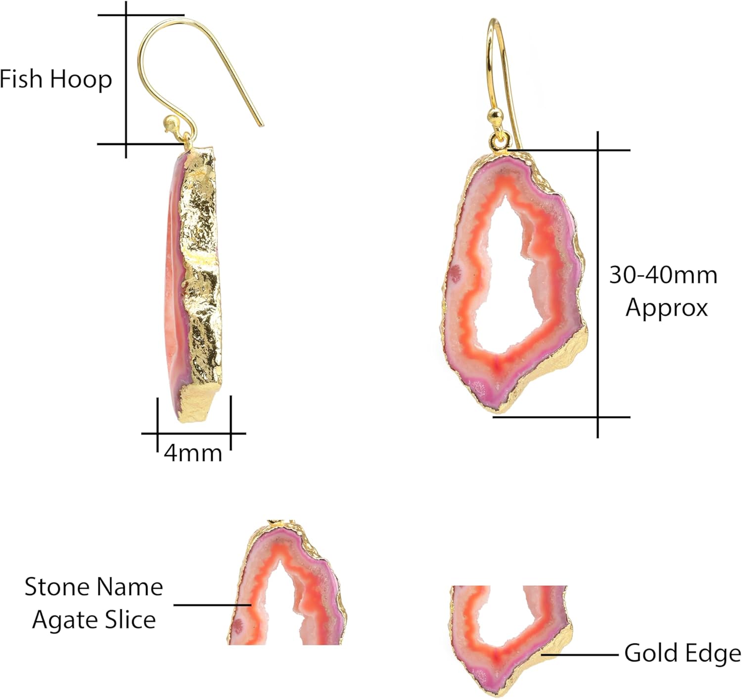 Bespoke Unique Geode Agate Slice Druzy Gold and Silver dangle earrings for Women gemstone size approximately 30-40mm Long
