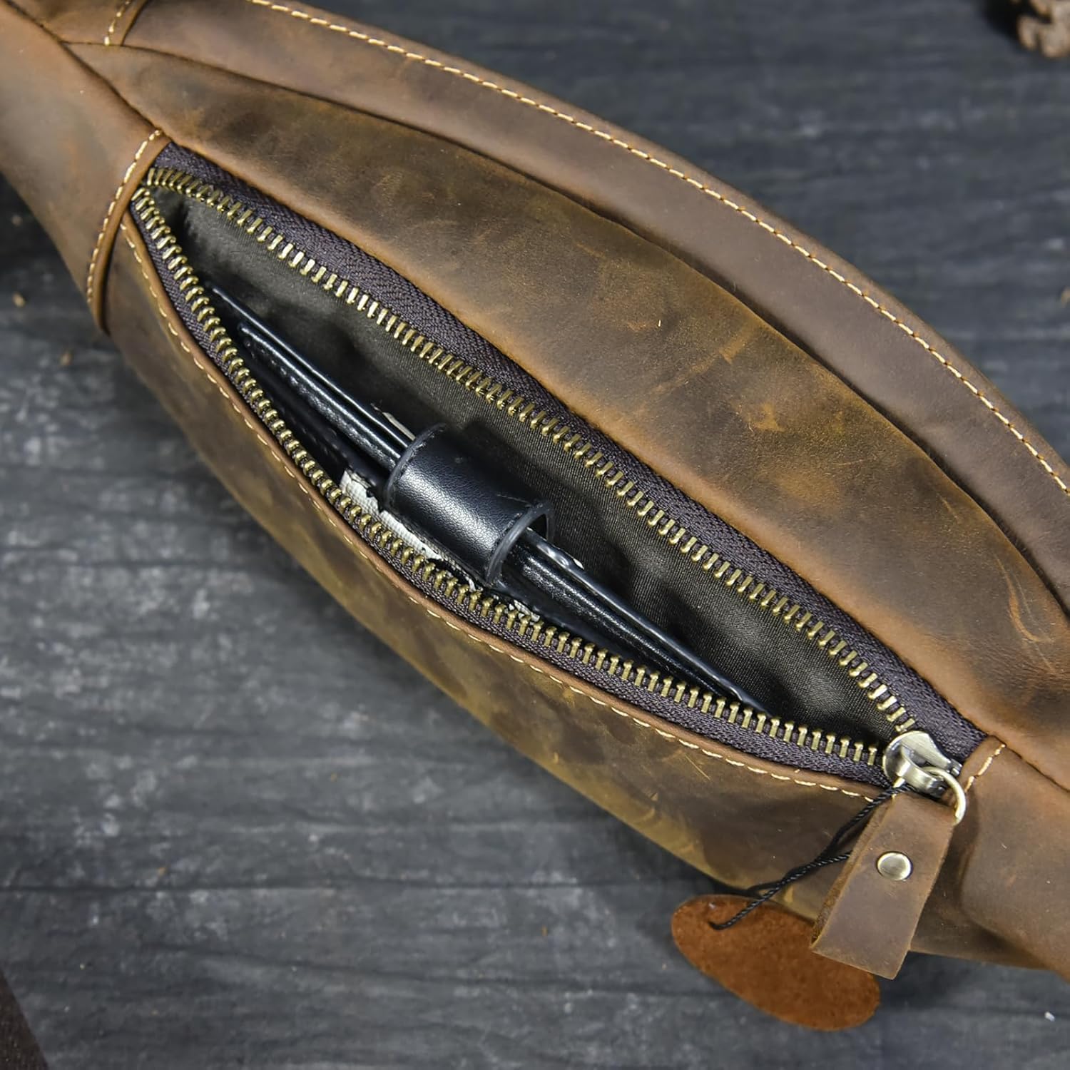 Men's Leather Waist Bag Multiple Pockets Slim Fanny Pack Adjustable Belt bag for Outdoor Running Hiking and Travel (Brown) - Image 5