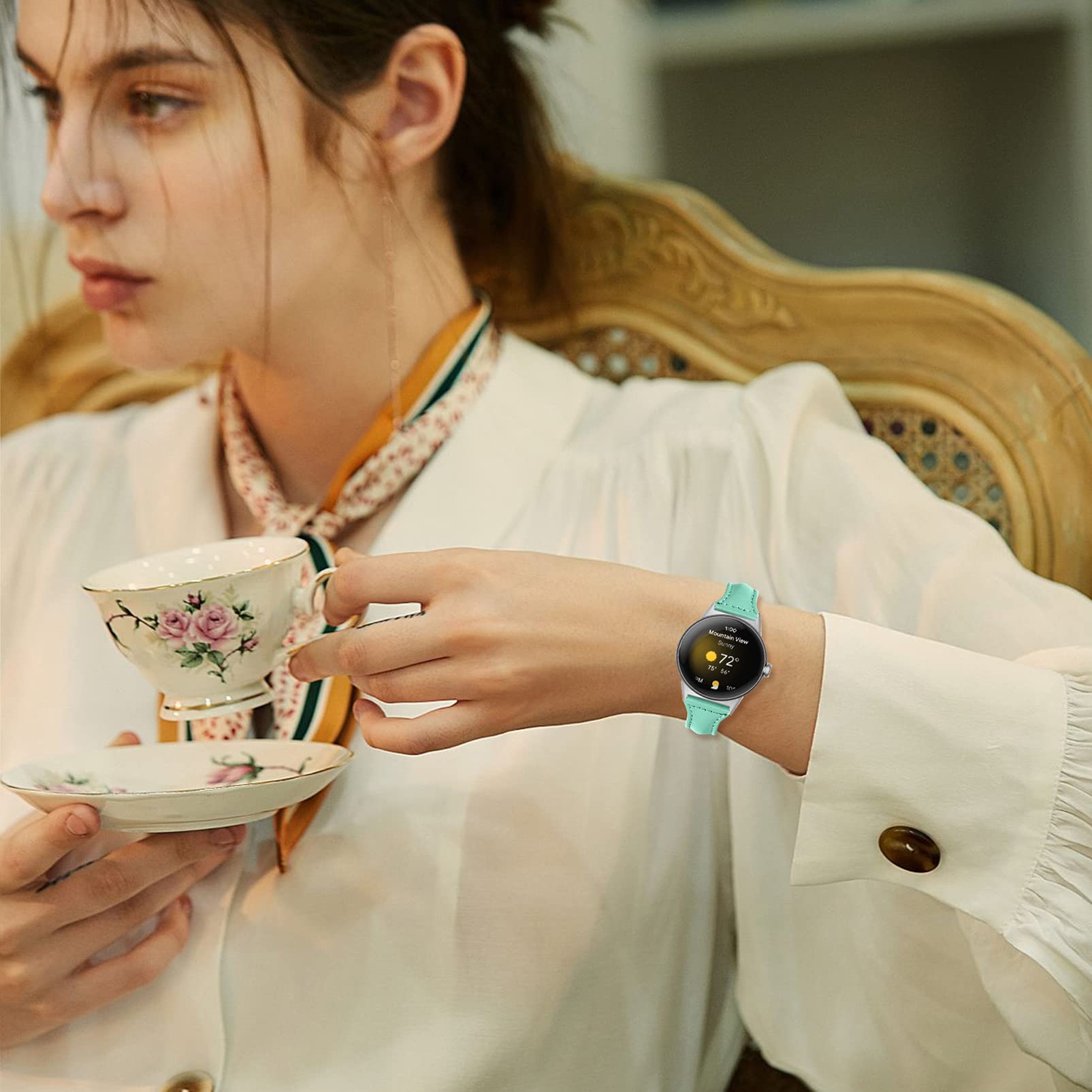 Bracelet de rechange fin en cuir véritable compatible avec Google Pixel Watch 2022 (abricot)