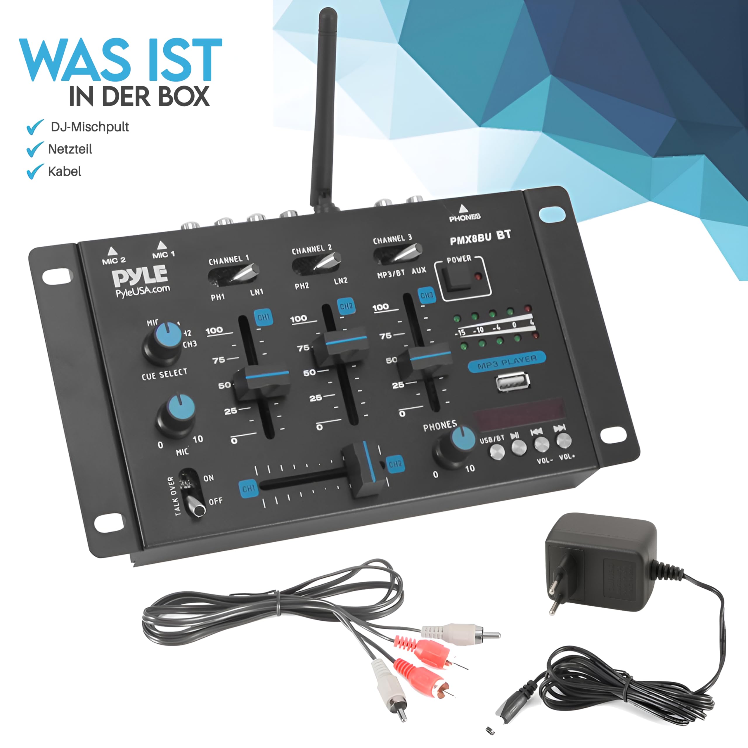 Pyle DJ Controller, DJ Mischpult für PC & Bluetooth– DJ Pult für Anfänger & Profis, Mini Mischpult 23,5cm als Mixer mit 3 Kanäle & vielfältige Anschlussmöglichkeiten als Digital Bluetooth