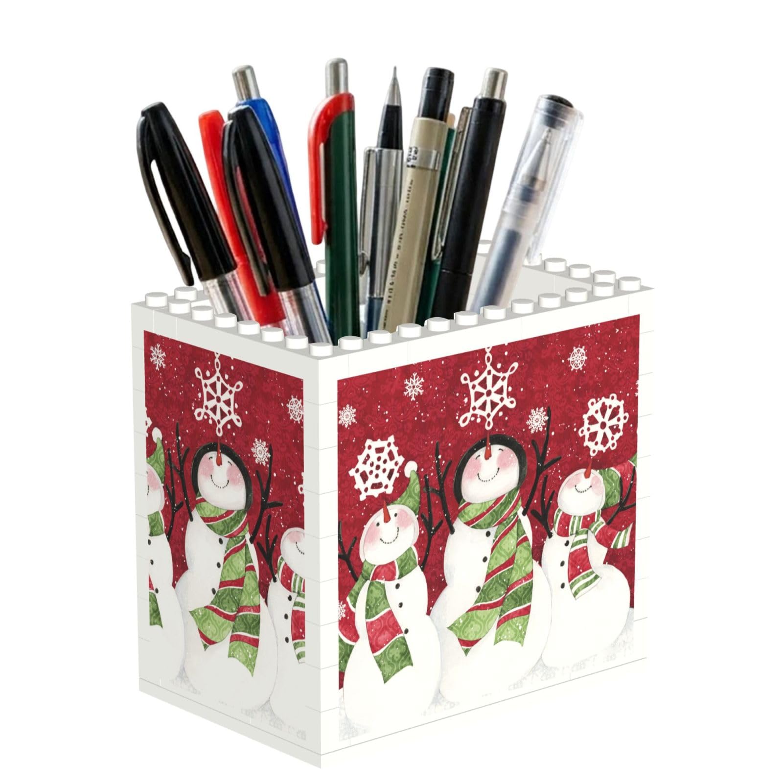 Satusa Women's White Merry Christmas Print Building Block Texture Pen Holder - Pencil Holder For Desk Pen Organizer,Aesthetic Desk Accessories For (1Pcs)