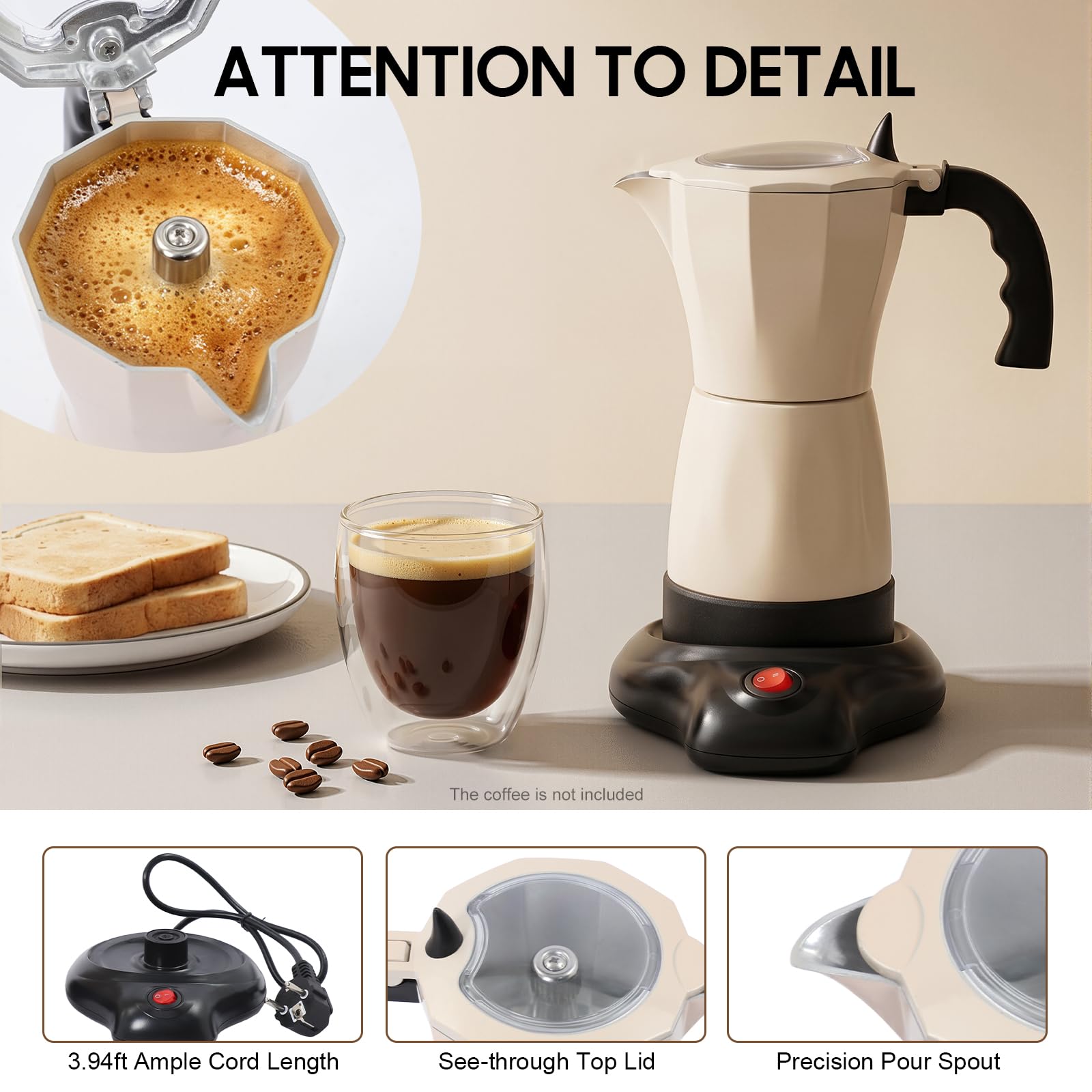 Cafetera eléctrica de 300 ml, cafetera espresso 6 tazas Italia Moka KanneOne-TouchVálvula de seguridad 360° Básica Portátil para el hogar Viaje, Blanco