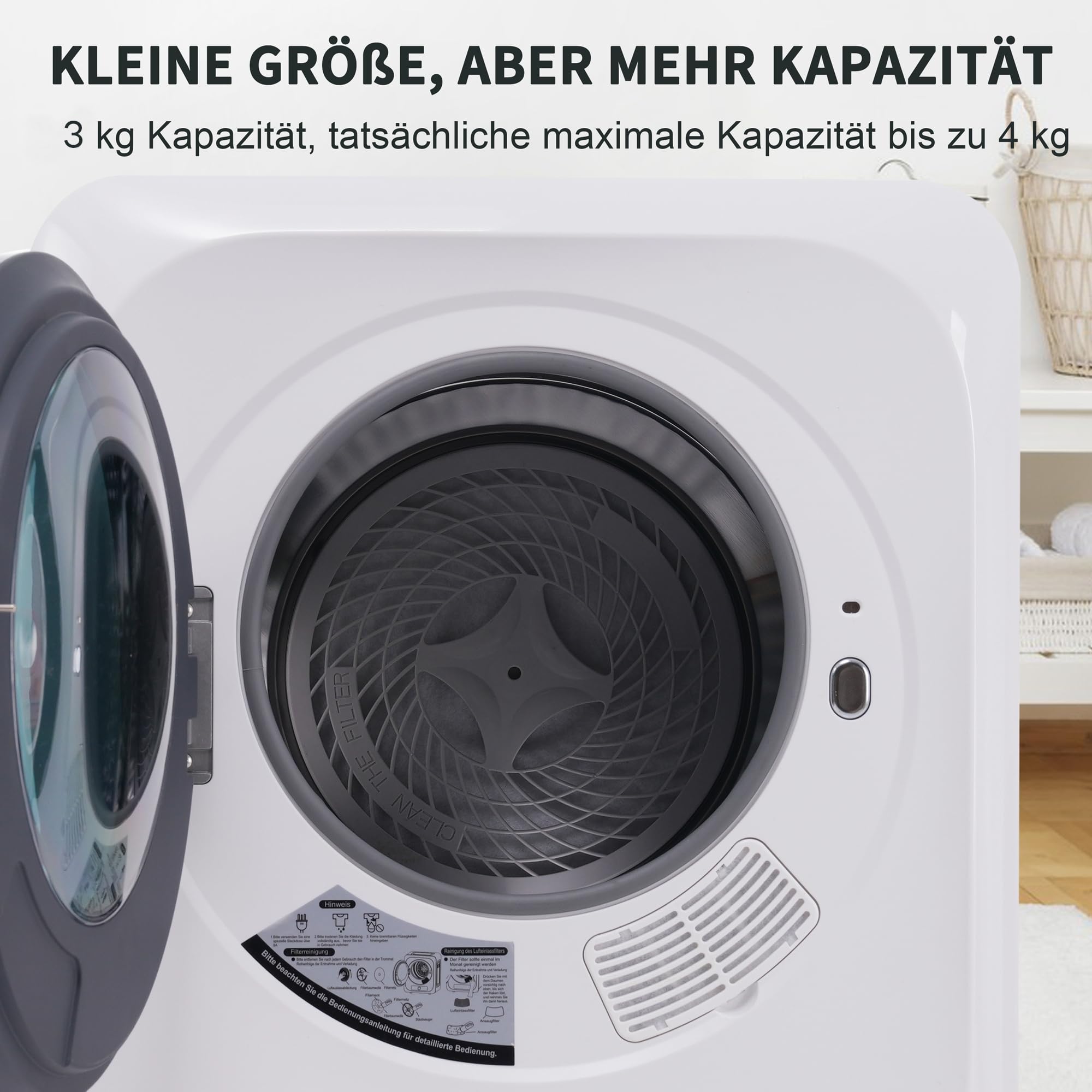 Abgastrockner Wäschetrockner 3kg (4kg), 850W, Edelstahl, 6 Programme, UV-Sterilisation, Mehrfachfilter, Überhitzungsschutz, Wandmontierbar, Energieklasse G, Weiß