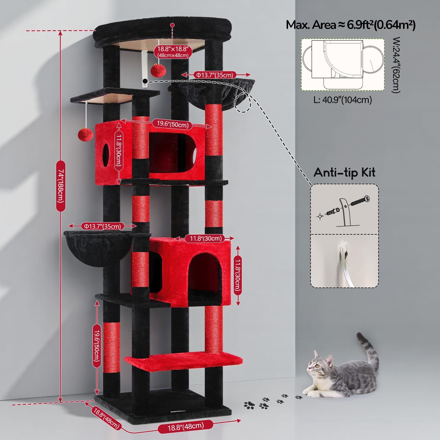 Diagram showing dimensions and anti-tip kit installation for the cat tree