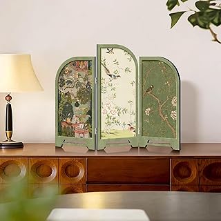 Retro Mini Folding Screen, 3-Panel Vintage Pattern Art Miniature for Home Decoration, Green Desktop Panel Divider