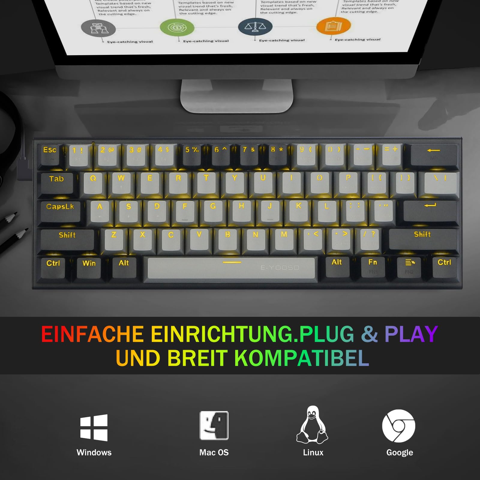 E-Yooso Z11 Clavier mécanique 61 touches, commutateurs rouges, clavier de jeu QWERTY filaire avec rétroéclairage LED, clavier d'ordinateur ultra compact à 60 % pour Windows (gris noir)