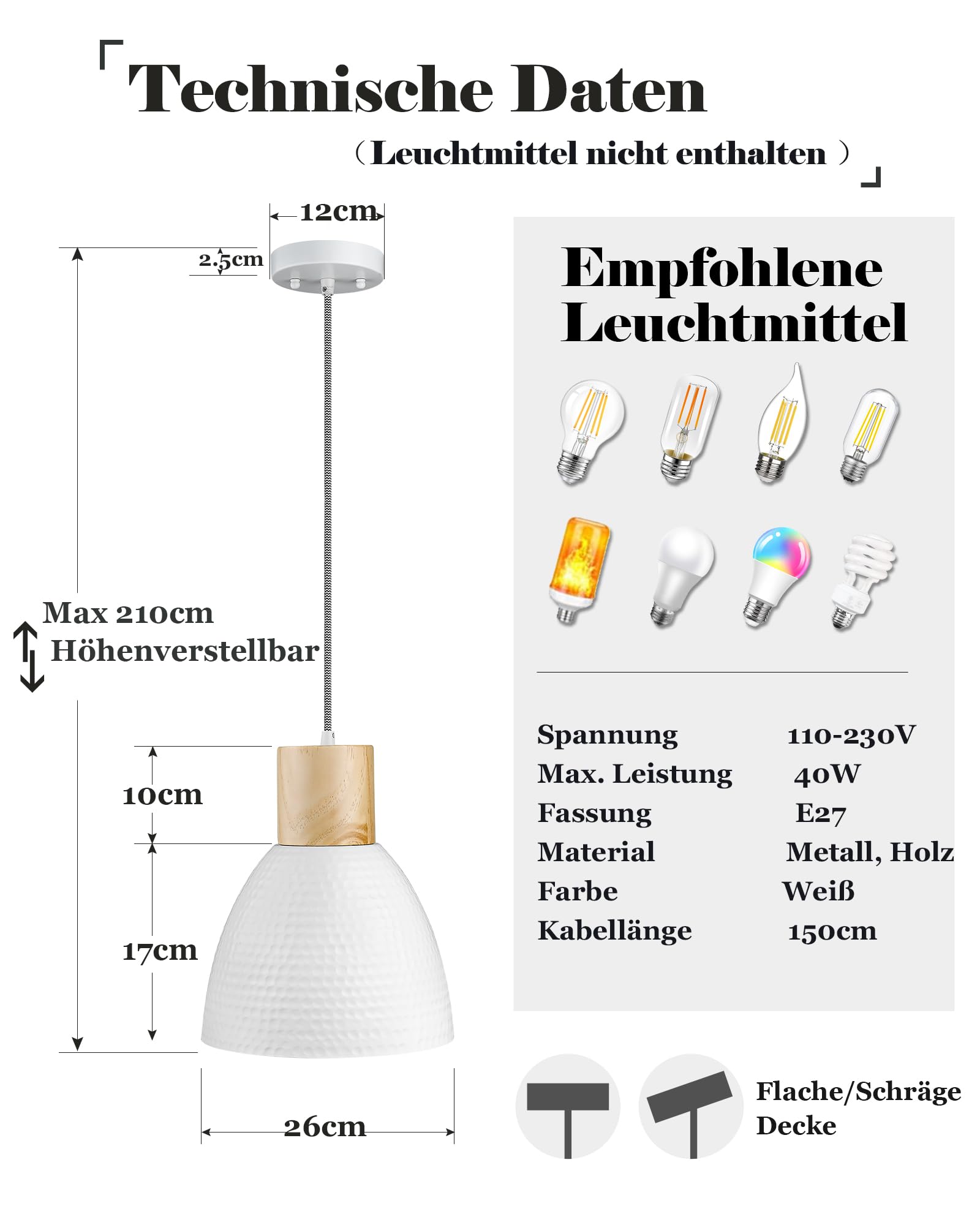 ELYONA Pendelleuchte Weiß Gehämmert, Ø 26 cm Skandinavische Hängelampe aus Massivholz & Metall, Modern Hängeleuchte für Esstisch, Küche, Esszimmer, Schlafzimmer & Bar, Nordisch Landhausstil