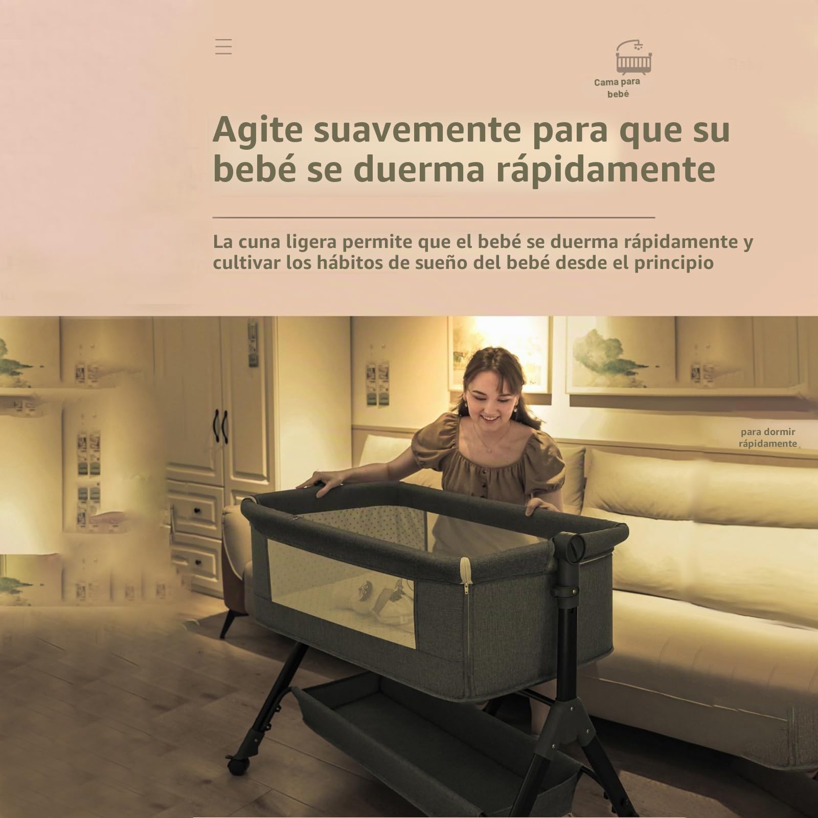 Cuna de noche portátil, altura ajustable, con cesta de almacenamiento de mosquitera, gris y negro (KHAKI)