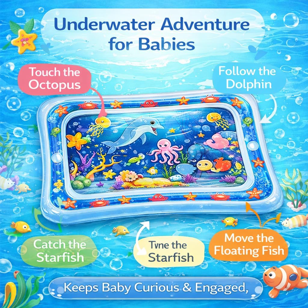 Inflatable Tummy Time Water Mat for Babies – Baby Play Mat with Floating Sea Animals, 4-24 Months, Ideal for Baby's Muscles Developments.