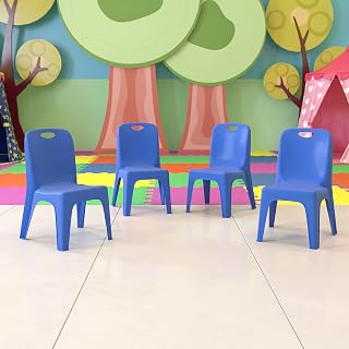 BizChair 4 Pack Blue Plastic Stackable School Chair with Carrying Handle and 11'' Seat Height