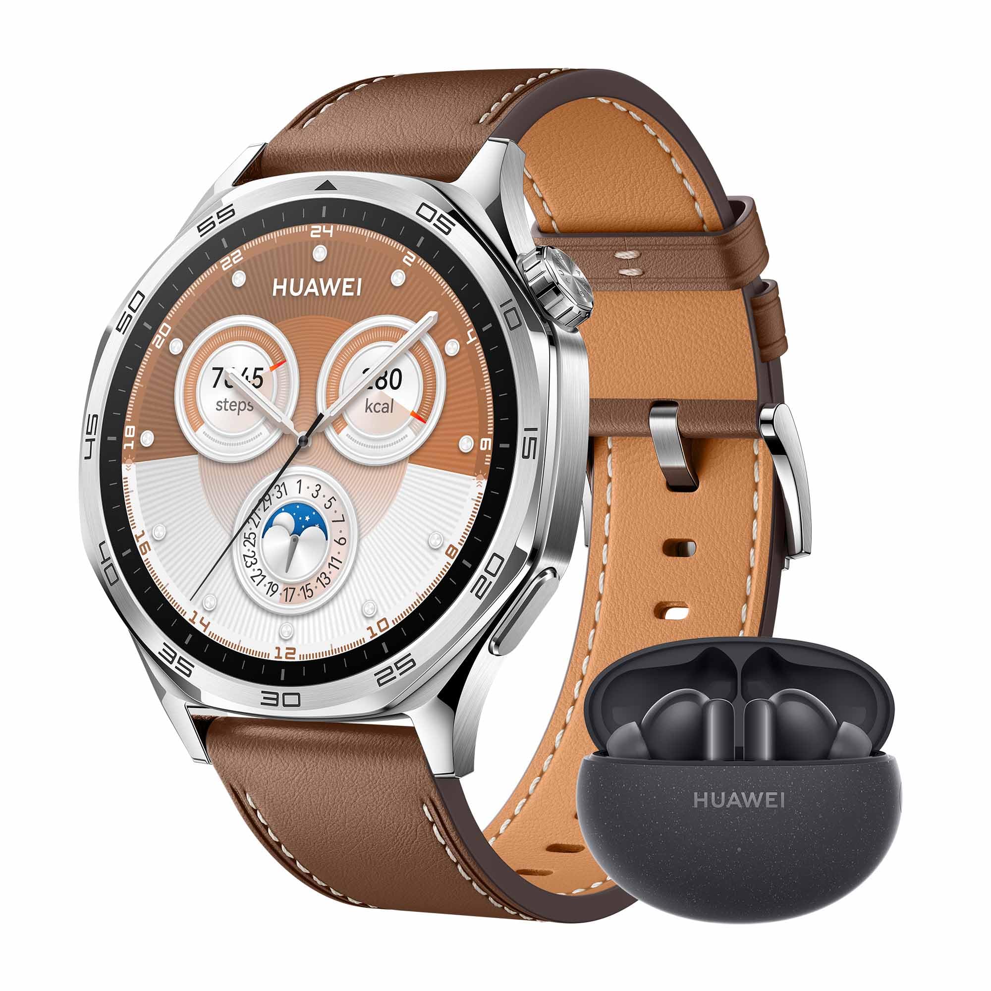 HUAWEI WATCH GT 5 46mm Smartwatch,Design elegante, Nuova modalità corsa e ciclismo, Monitoraggio della salute, 14 giorni1 di durata della batteria, iOS e Android, Marrone + FreeBuds 5i Nero