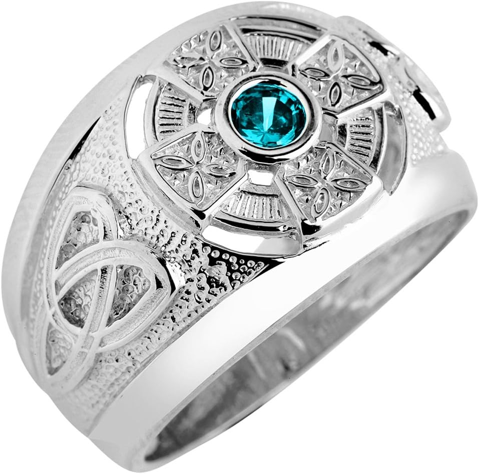 Solid 925 Sterling Silver Eternal Trinity Knot Band March CZ Birthstone Celtic Cross Ring
