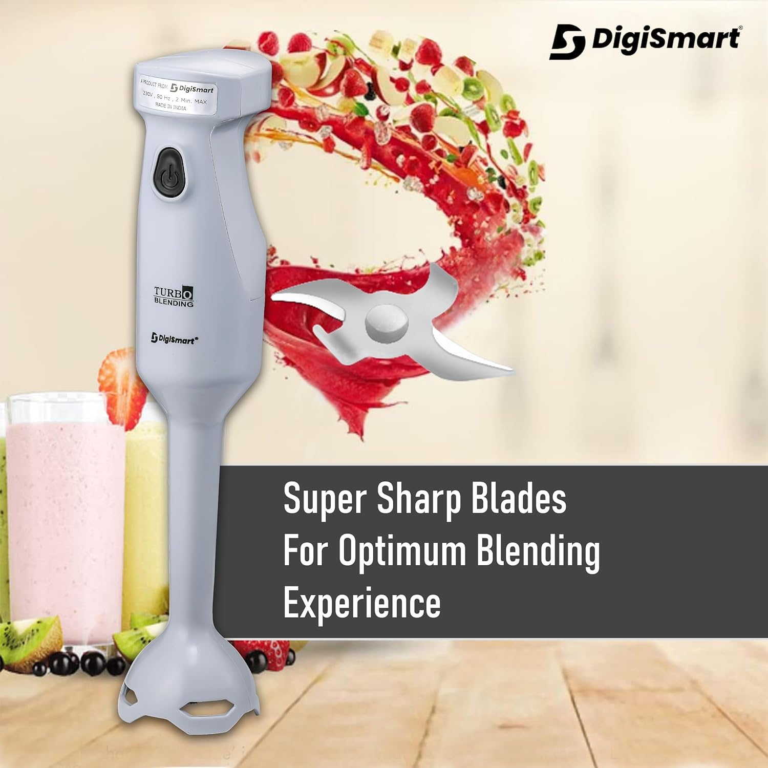 DIGISMART DURA Hand Blender 300 W Powerful Super Silent Copper Motor Anti-Splash Technology Turbo Function Stainless Steel Stem for Hot/Cold Blending Hand Blender (Grey)
