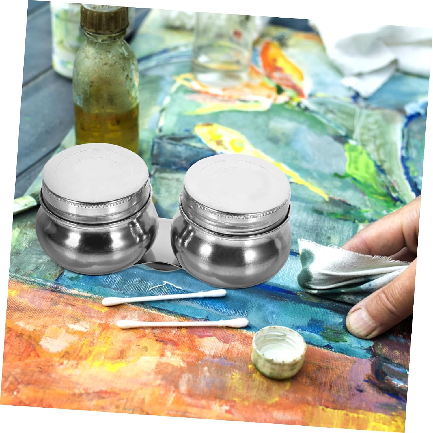 HAPINARY 2pcs Stainless Steel Oil Painting Palette Cup Lid Dipper Cup Portable Brush Cleaning Container for Artists