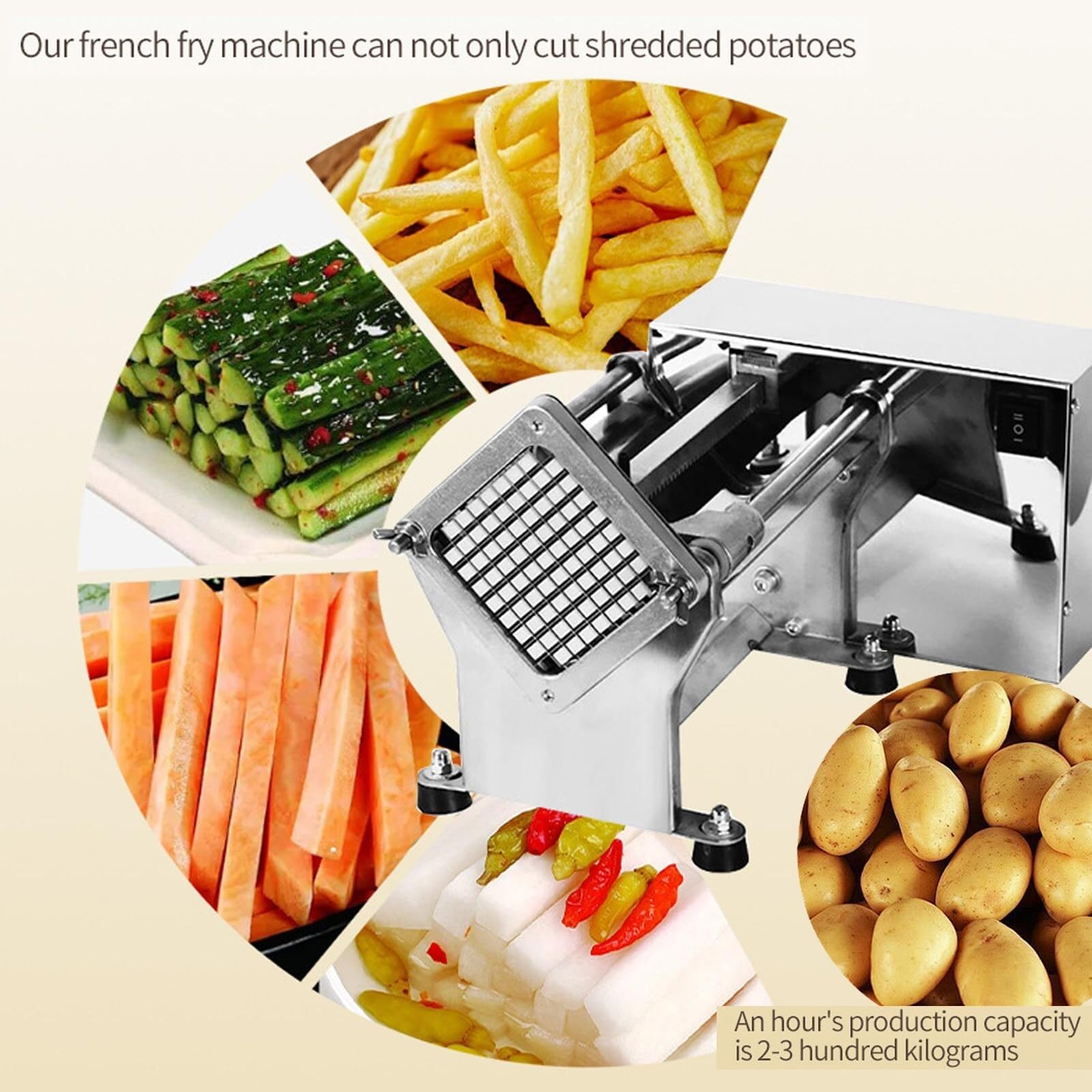 Electric French Fry Cutter, Automatic Professional Potato Stainless Steel Cutter With 6mm 9mm 13mm Blade French Fries Cutter For Restaurants & Home Kitchen, For Potatoes, Carrots, Vegetable