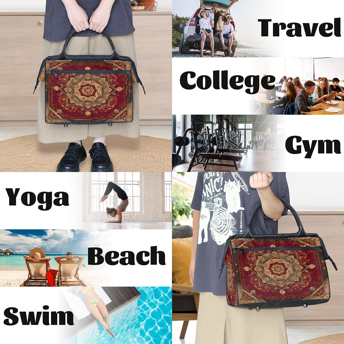 Overnight Weekender Bag for Men Women,Vintage Carpet Texture Travel Duffel Bag Waterproof Carry On Sports Gym Bags Luggage for Traveling Yoga Camping Airplane Hospital,A-32