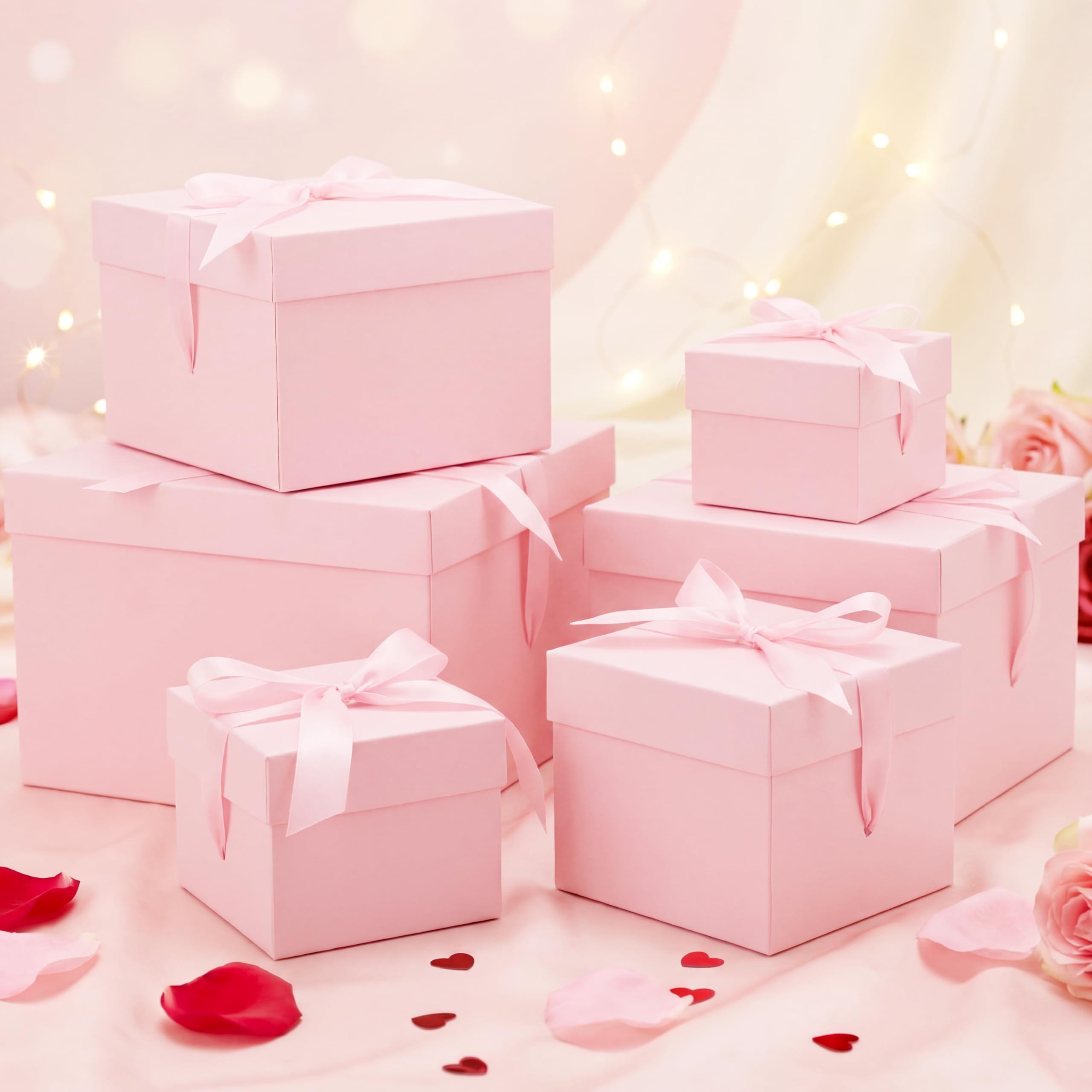 Cholemy 6 Pcs Nesting Gift Boxes with Lid Square Nesting Gift Boxes for Presents Packaging with Ribbon Easter Anniversaries Bridal Shower Birthday Wedding Party Favor(Pink)