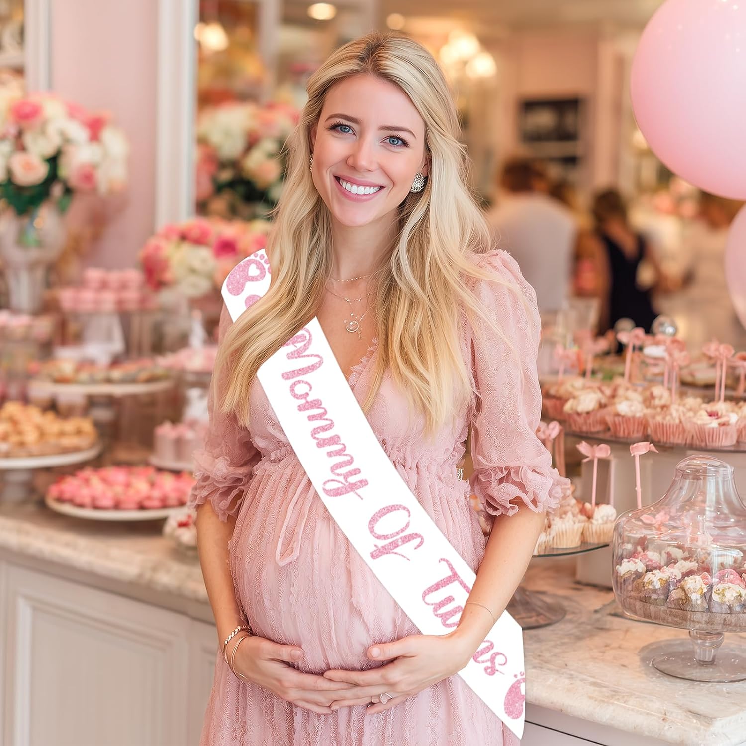 Pink Baby Shower Decorations for Twins,Pink Mommy of Twins Sash for Baby Shower Neutral Gender Reveal Party Decor Pregnant Mommy Gift