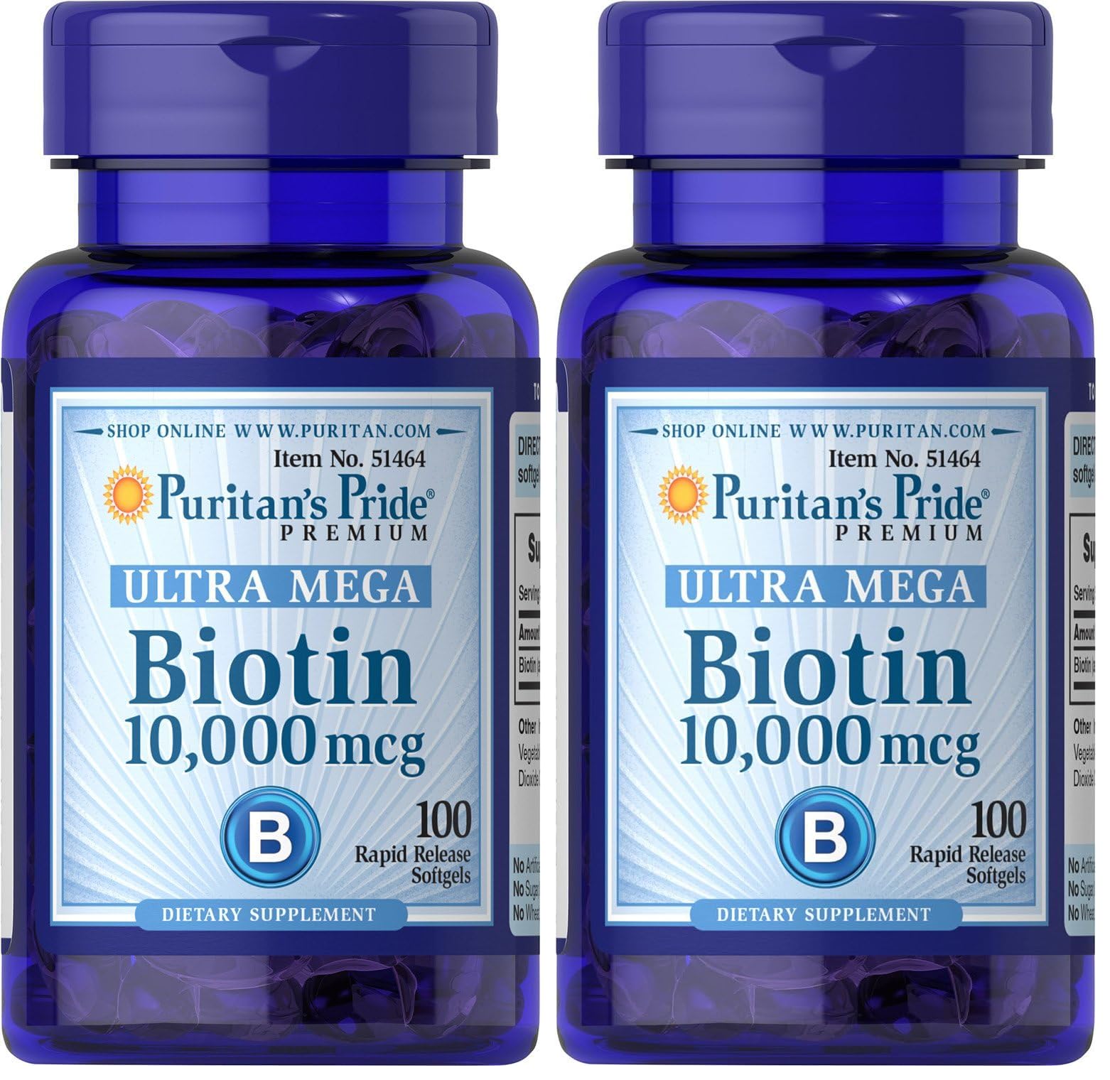 Puritan's Pride Biotin 10000 Mcg, Helps Promote Skin, Hair and Nail Health, Softgels 100 Count (Pack of 2)