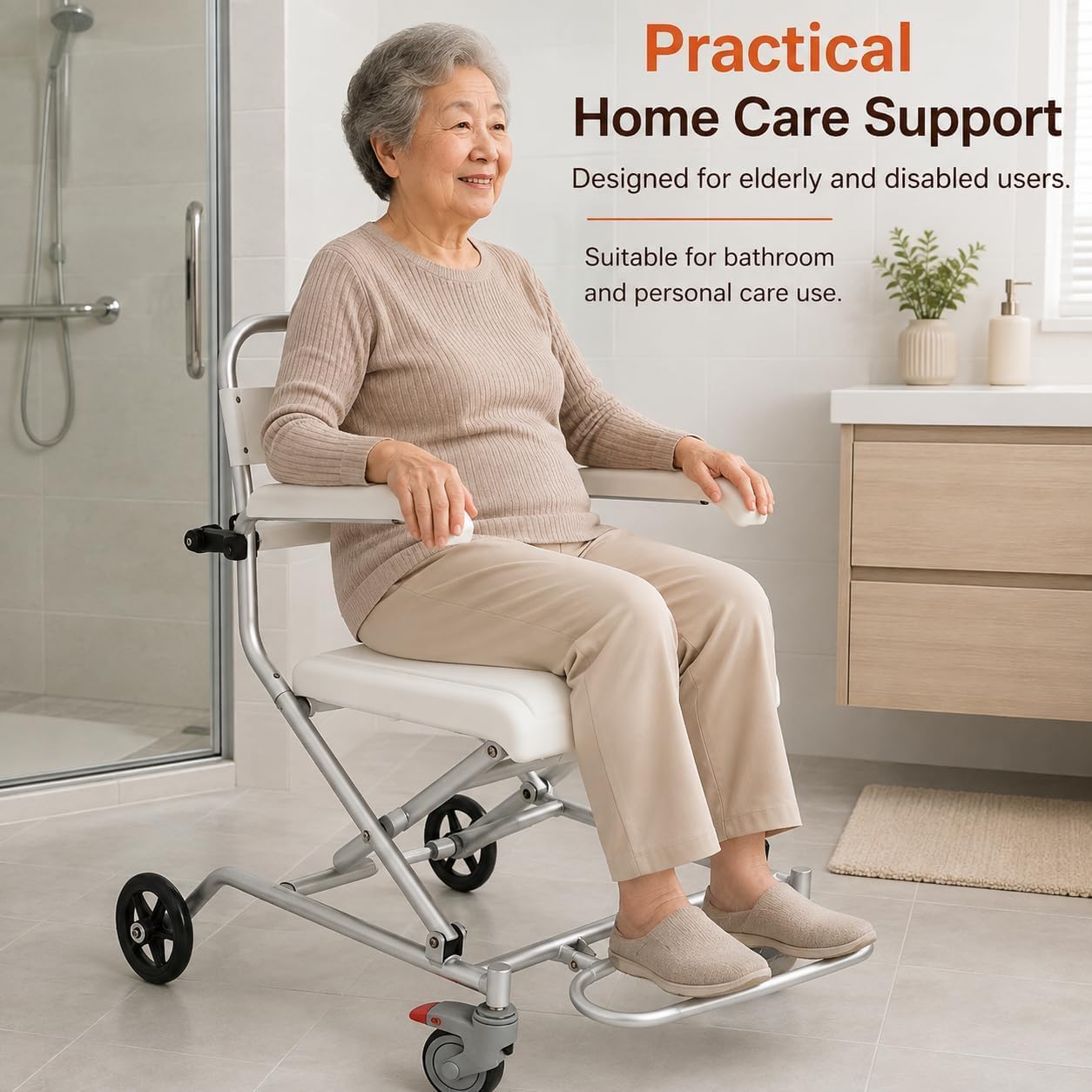 Silla de ducha plegable con brazos abatibles y respaldo ergonómico