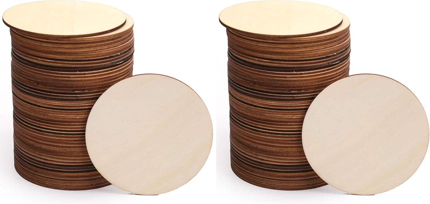Foraineam 100 Pieces 4 Inch Unfinished Wood Circle Cutouts Round Natural Wooden Craft Circles Slices for Wooden Coasters, DIY Crafts, Painting, Writing, Engraving and Home Decoration (Pack of 2)