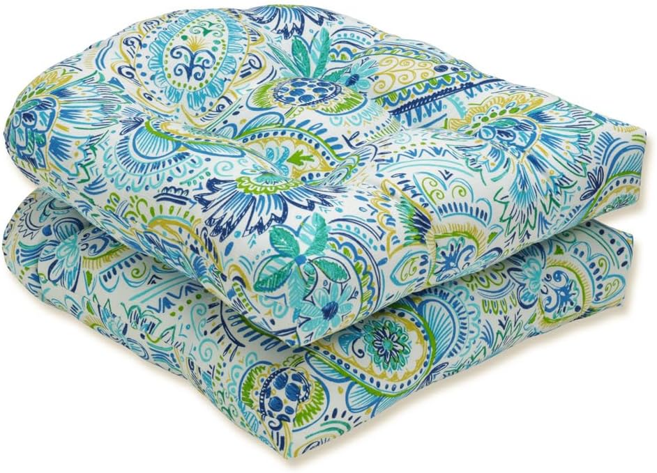 Paisley Indoor/Outdoor Chair Seat Cushion, Tufted, Weather, and Fade Resistant, 19" x 19", Round Corner, 2 Count, Blue/Yellow Gilford