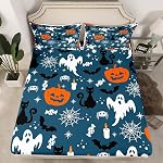 Feelyou Décorations d'Halloween Ensemble de feuille Queen Size Bat Pumpkin Ensemble de lit pour enfants Adolescents Festival des adultes Fantôme Thématique Fitted Feuille Vintage Bleu Ensemble de draps,Aucune feuille supérieure