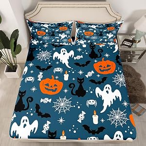 Feelyou Halloween Decorations Sheet Set Queen Size Bat Pumpkin Bedding Set Toddlers Teens Adults Ghost Festival Themed Fitted Sheet Vintage Blue Bed Sheet Set,No Top Sheet