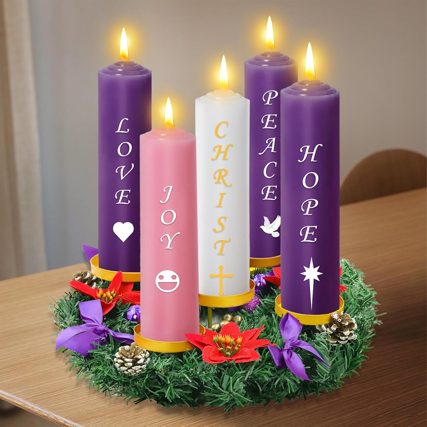 Christmas Advent Wreath 5 Pillar Candle Holder, 12 Inch Ring Fire Retardant Centerpiece Decoration for Nativity Rustic Indoor Home Church